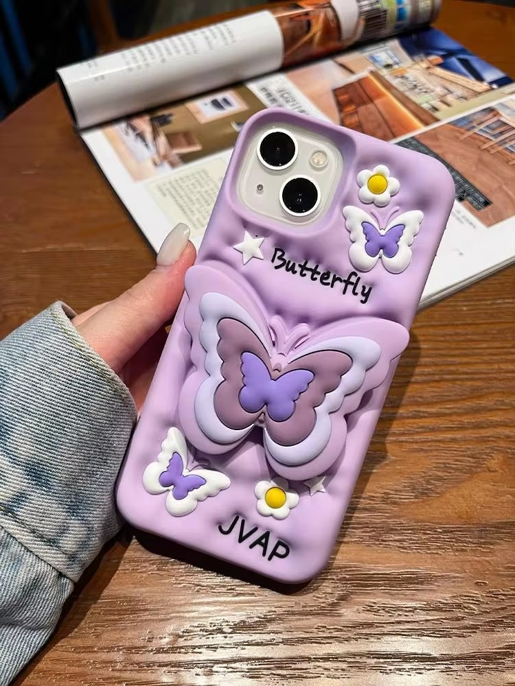 3D Cartoon Butterfly Flower Lavender Phone Case with Holder